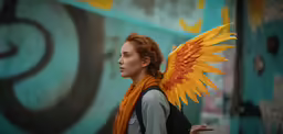 a woman with a sunflower decorated angel wings