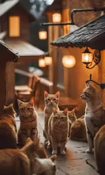 a group of cats sit together in a hallway
