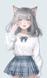 a person wearing a white shirt and gray skirt