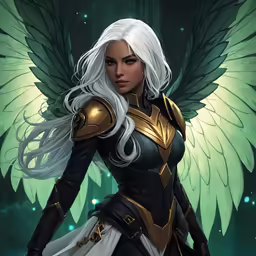 a white haired woman with a winged halo