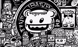 a drawing of a black and white design with images of other items,a black and white drawing of a cartoon character