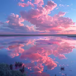 the sun is setting over a large body of water,pink clouds are reflected in the water at sunset