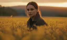 a woman in a field of yellow flowers with the sun coming up behind her