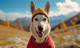 a white dog wearing a red shirt and hat in a valley
