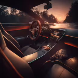 an interior of a vehicle with an illuminated dashboard and lights