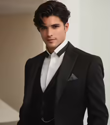 a young man is wearing a black suit and white shirt