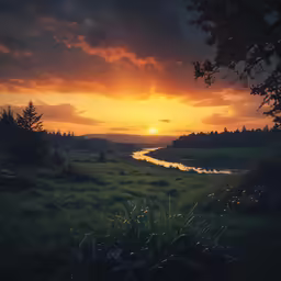 the sun rises over a lush, green meadow next to a river