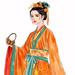 a woman in oriental clothing holding an orange basket,a woman in an orange dress with a basket