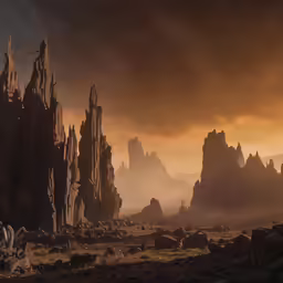 a painting with a desert and rocky terrain