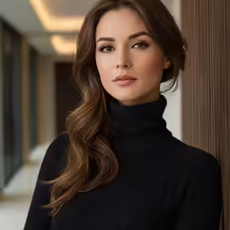 a woman with long brown hair is leaning against a wooden wall