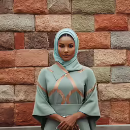 woman in hijab and purse standing against stone wall