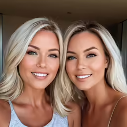 two women, blonde hair, and white smiles together