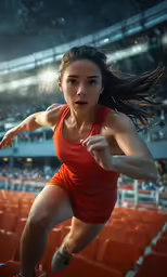 a woman running in a stadium on an orange and grey background