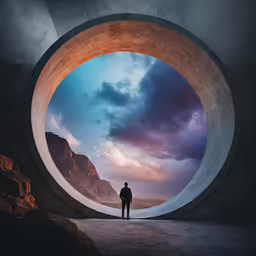 a man stands in front of a large round hole
