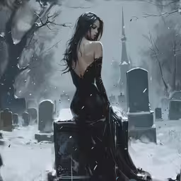 a woman is sitting on the grave in the snow,a painting of a woman in the snow with a coat on