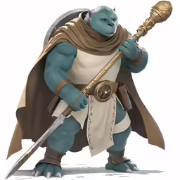 a blue creature wearing a horned warrior outfit with a sword