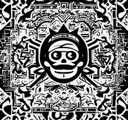 an artistic black and white image with skulls,a black and white illustration of a skull with many heads on it