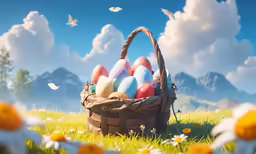 a basket filled with colored eggs on top of a green field