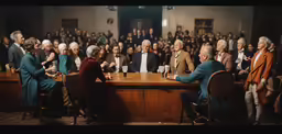 many people are standing or sitting around a table