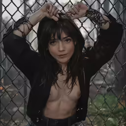 a woman posing in front of a fence