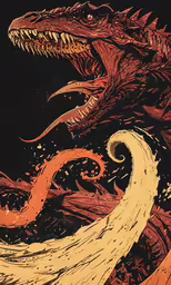 a painting of a dragon with an orange flame coming out of it