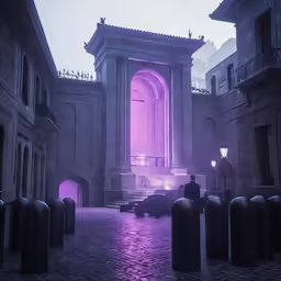 people are sitting on the stairs with benches near the columns