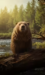 a brown bear sitting on top of a log by a river