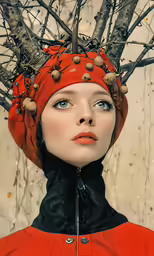 a girl with a headdress and red coat, staring to the side