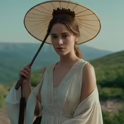 a woman in an elegant white dress holding a parasol