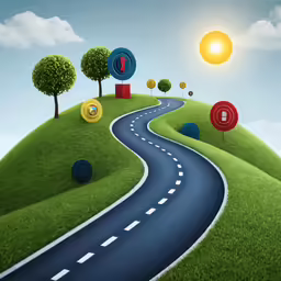 a road curves through an idyllic landscape with trees