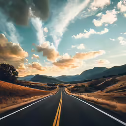 a long straight road stretches across a grassy plain