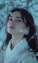 a woman standing next to a tree under snow