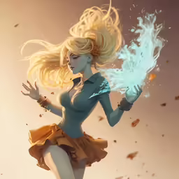 a woman in yellow dress flying through the air