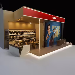 a model display booth for wine bottles with a advertisement on it
