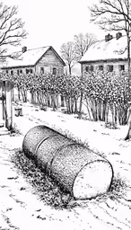a black and white photo of a log near houses