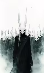 an illustration of a person with long hair and large horned head standing in the fog