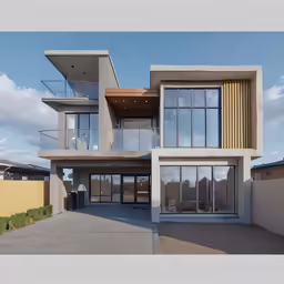 a modern home with glass windows on the second floor