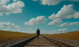 a man standing on railroad tracks in front of a blue sky