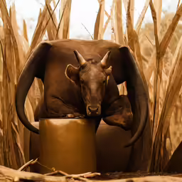 a cow is eating out of a bowl