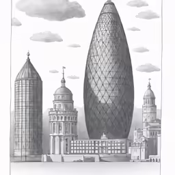 a pencil drawing of three tall buildings