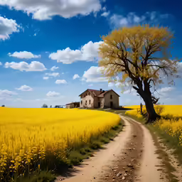 a road going through a field towards a white house