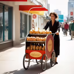 the woman is pushing the cart filled with baked goods