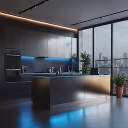 the inside of a modern kitchen, overlooking a large window