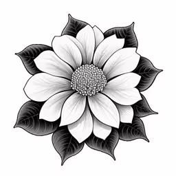 a flower with black and white leaves on it,an ink drawing of a large white flower