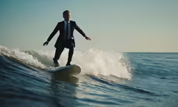 a man in a suit riding a surf board on top of a wave