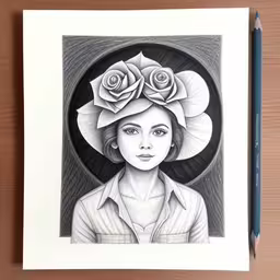 an art print with a woman in a hat and roses on her head,a drawing of a woman with roses in her hair