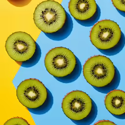 slices of kiwi sit in a rainbow and blue background