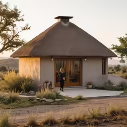 a woman looking out the doorway to a small cottage