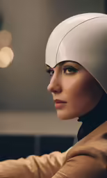 a woman with a white hat and brown coat looks on