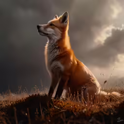 a fox sitting in grass in the rain